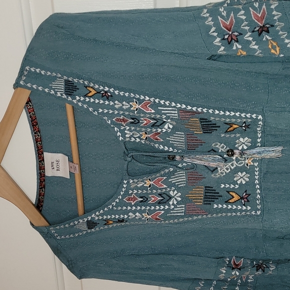 Knox Rose Tops - Knox Rose Green Embroidered Long Sleeve Bohemian Hippie Peasant Blouse
